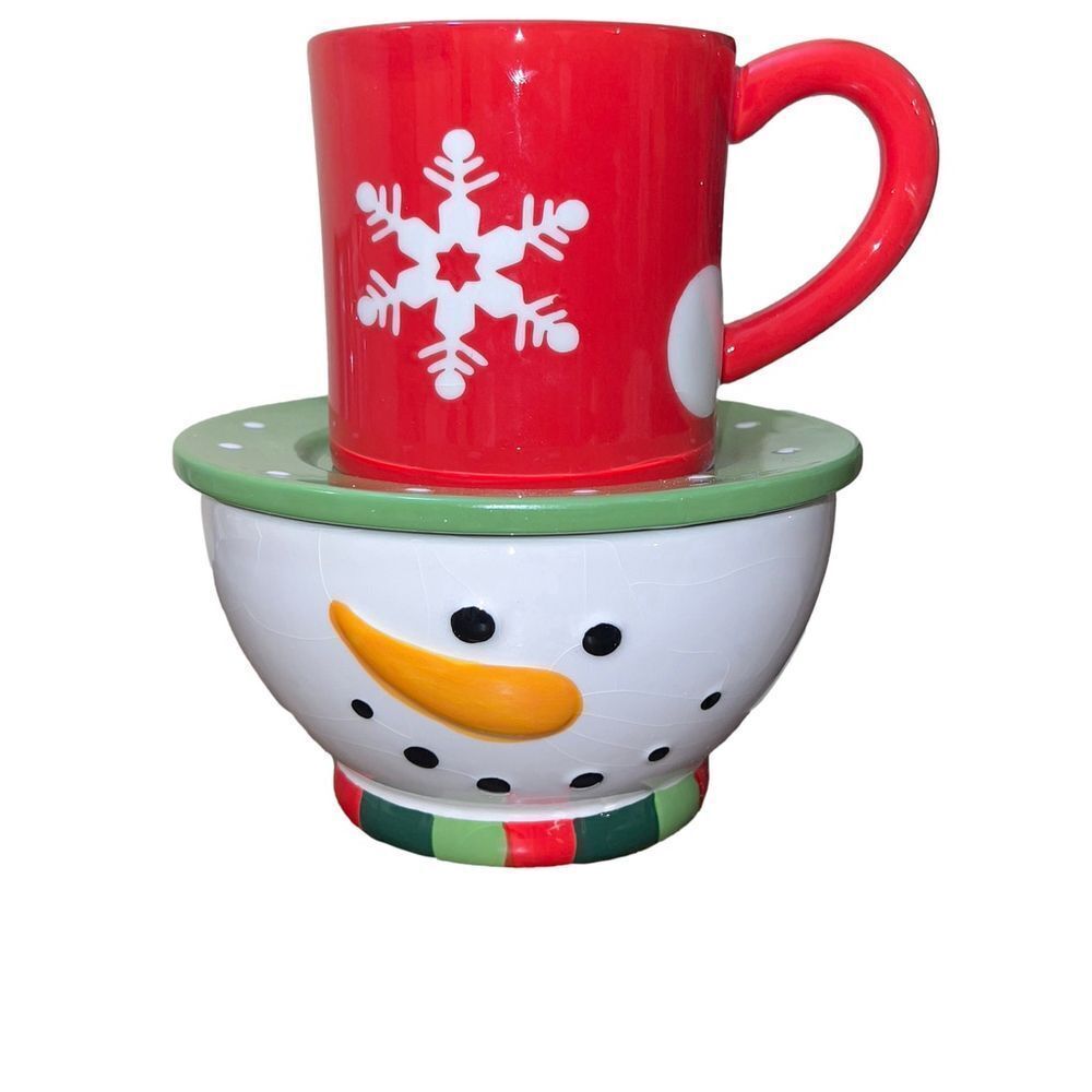 Cracker Barrel Snowman Coffee Mug and Bowl Set, Red and White